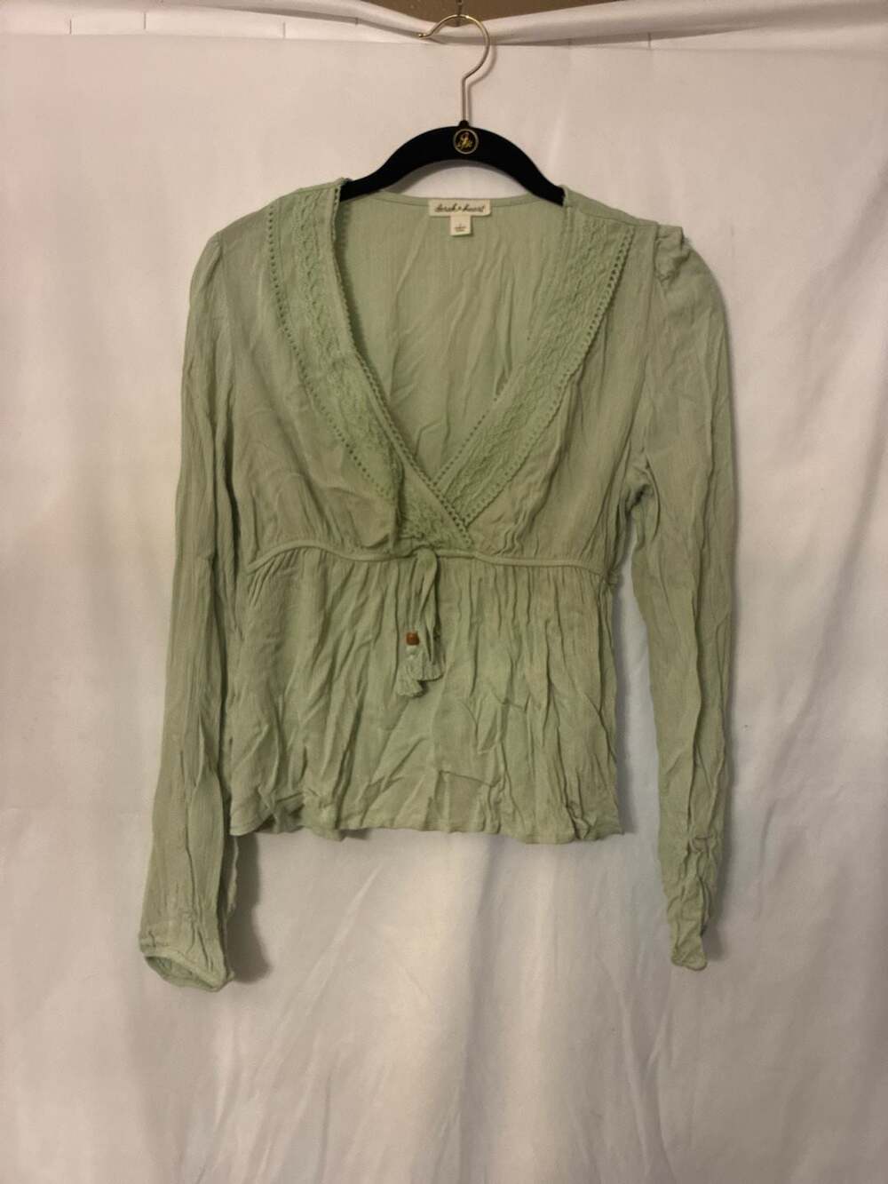 Derek Heart Sage Green Long Sleeve Crinkle Lace Trim Babydoll Blouse
